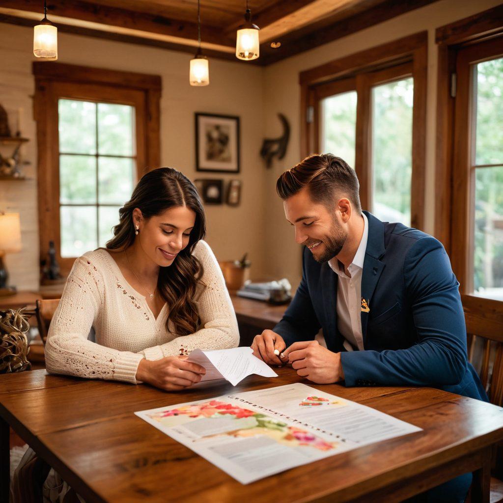 A loving couple sitting together at a cozy table, reviewing insurance documents with a laptop open, surrounded by symbols of love like hearts and family portraits. In the background, a safe and secure home symbolizes stability, while charts and graphs highlight the importance of financial planning for relationships. Soft, warm lighting creates an inviting atmosphere. super-realistic. vibrant colors.