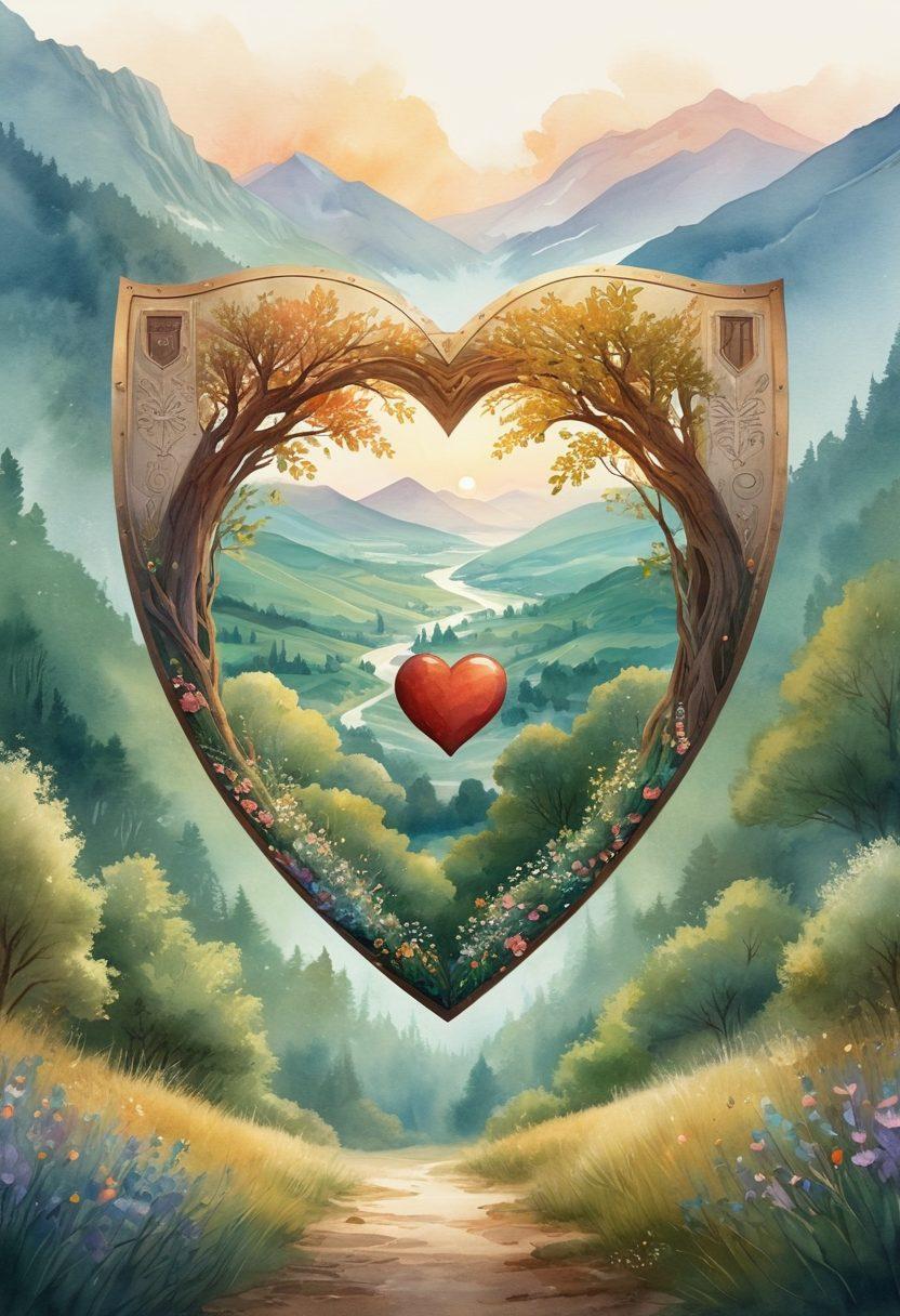 A heart-shaped shield symbolizing love insurance, adorned with various icons representing relationship elements like communication, trust, and support. The background features a cozy setting with a couple holding hands, surrounded by a serene landscape. Emphasize a protective aura around the shield, creating a sense of security and warmth. Artistic style should be soft and inviting, blending watercolor and digital art for a harmonious feel.