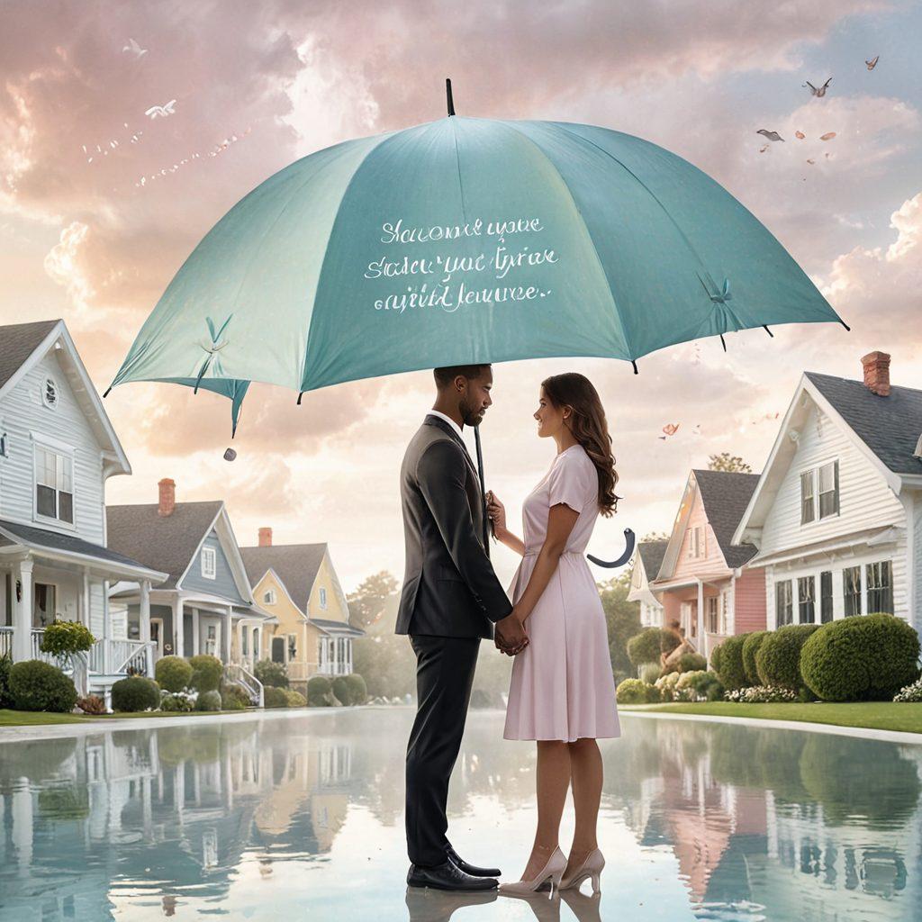 A serene couple holding hands under a protective umbrella, surrounded by floating inspirational quotes about love and security. The background features soft pastel colors, symbolizing tranquility and safety. Overlay subtle images of various insurance symbols like a house, car, and health shield. The overall feel should be warm and inviting, symbolizing a safe and loving partnership. super-realistic. soft pastel colors. white background.